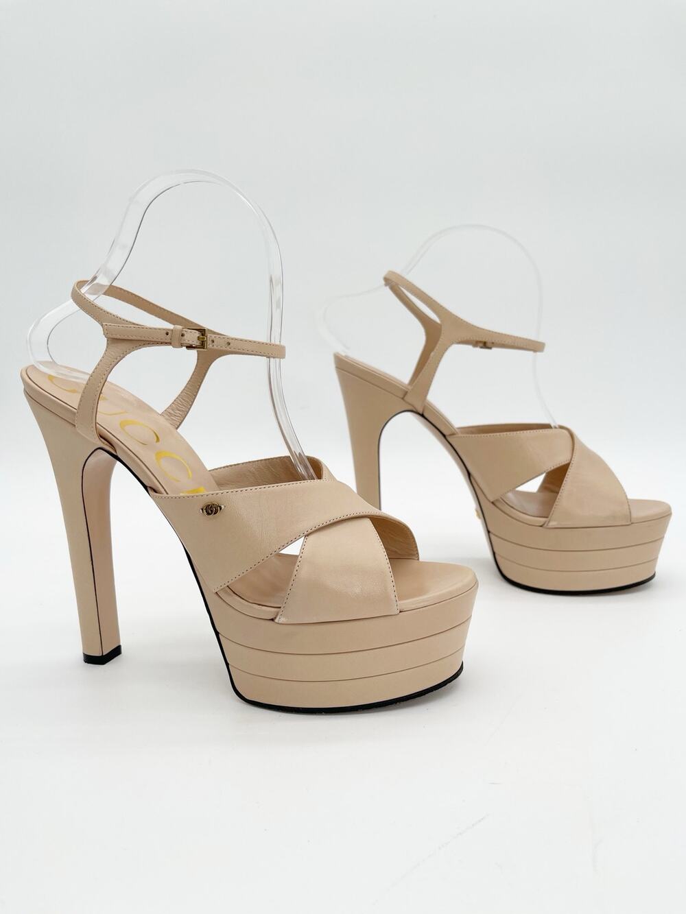 Gucci Angel Light Pink Leather Crisscross GG Platform High Heel Sandals IT 40
